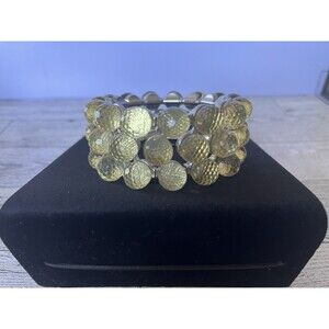 Chunky Yellow Plastic Beaded Silver Tone Stretch Statement Bracelet 1.25" Wide